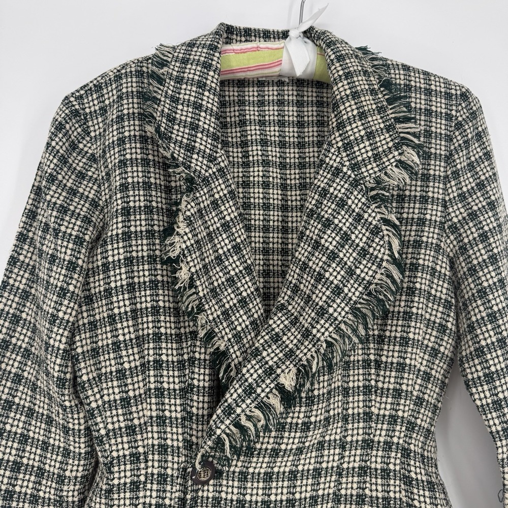 Vintage CK Editions Green Beige Houndstooth Long Coat Fringe Collar Small